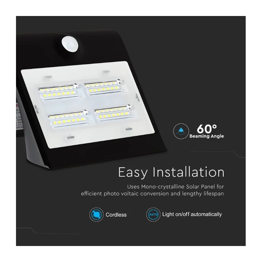 LED Solarna stenska svetilka s senzorjem LED/3W/3,7V 3000/4000K IP65 črna