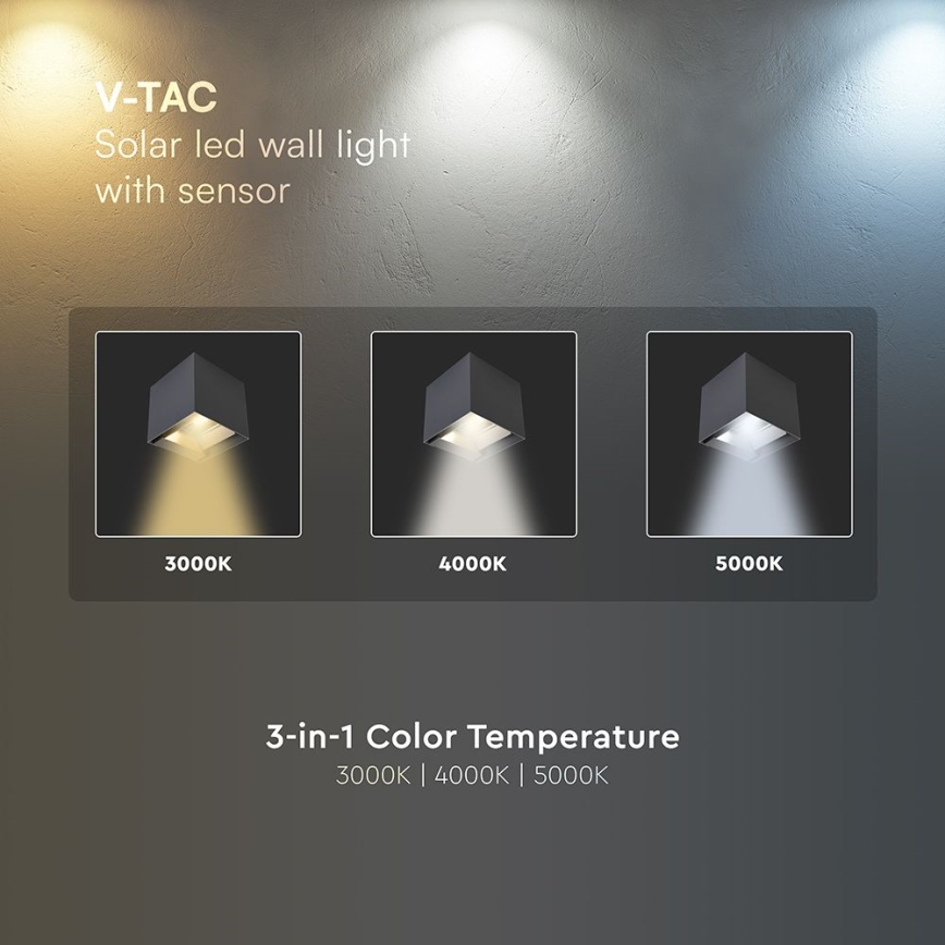 LED solarna stenska svetilka s senzorjem LED/9W/5V 3000/4000/5000K IP65 2600 mAh antracit