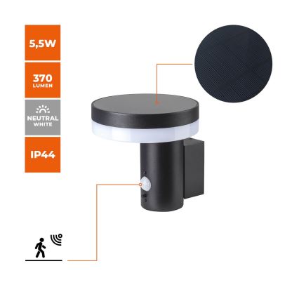 LED Solarna stenska svetilka s senzorjem SOLARIS3 LED/5,5W/3,7V 4000K IP44 2600 mAh