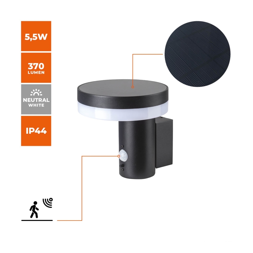 LED Solarna stenska svetilka s senzorjem SOLARIS3 LED/5,5W/3,7V 4000K IP44 2600 mAh