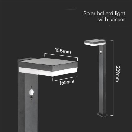 LED Solarna svetilka s senzorjem LED/2W/3,7V IP54 3000K kvadraten črna