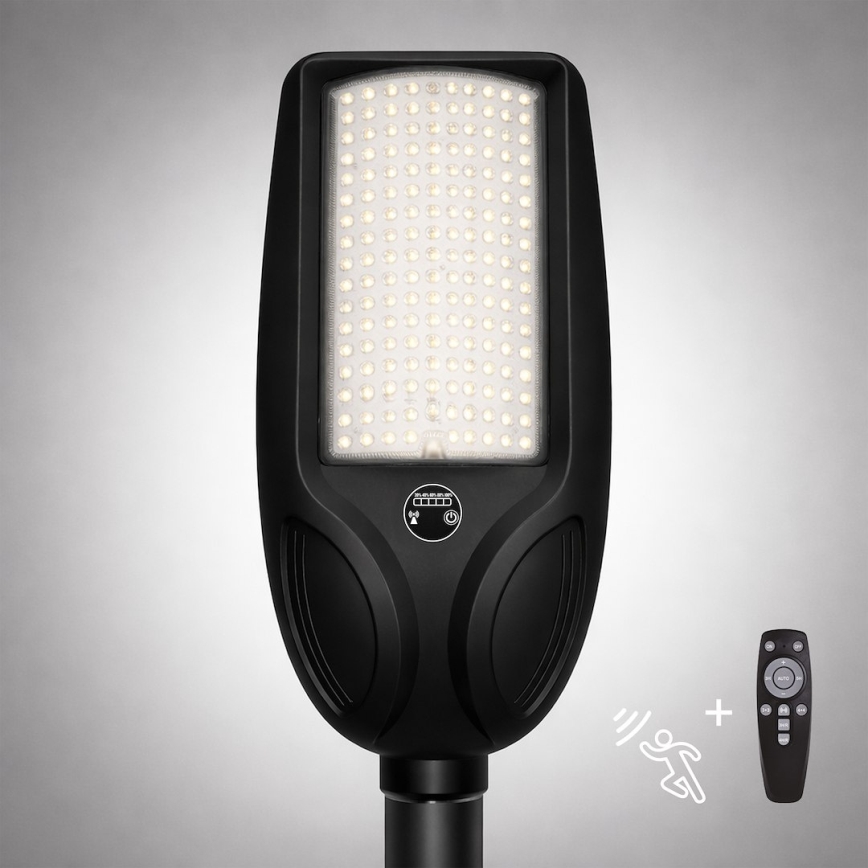 Zatemnjevalna LED solarna ulična svetilka z vgrajenim senzorjem VENICE LED/200W/3,2V 12000 mAh IP65 črna + daljinski upravljalnik