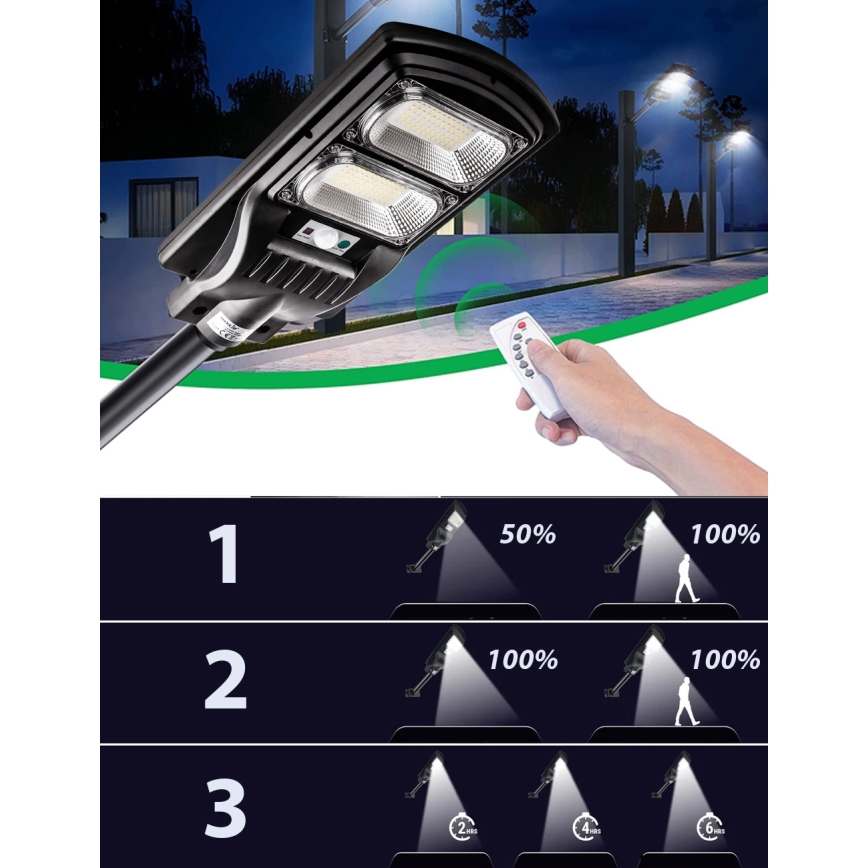 LED Zatemnitvena solarna ulica svetilka s senzorjem LED/120W/6V 6500K IP65 črna + Daljinski upravljalnik