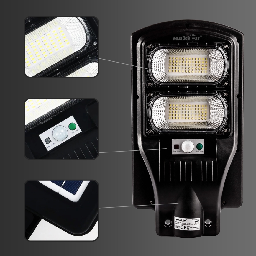 LED Zatemnitvena solarna ulica svetilka s senzorjem LED/120W/6V 6500K IP65 črna + Daljinski upravljalnik