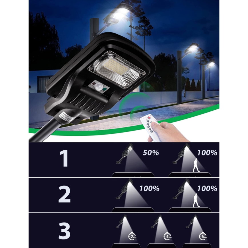 LED Zatemnitvena solarna ulica svetilka s senzorjem LED/150W/6V 6500K IP65 črna + Daljinski upravljalnik