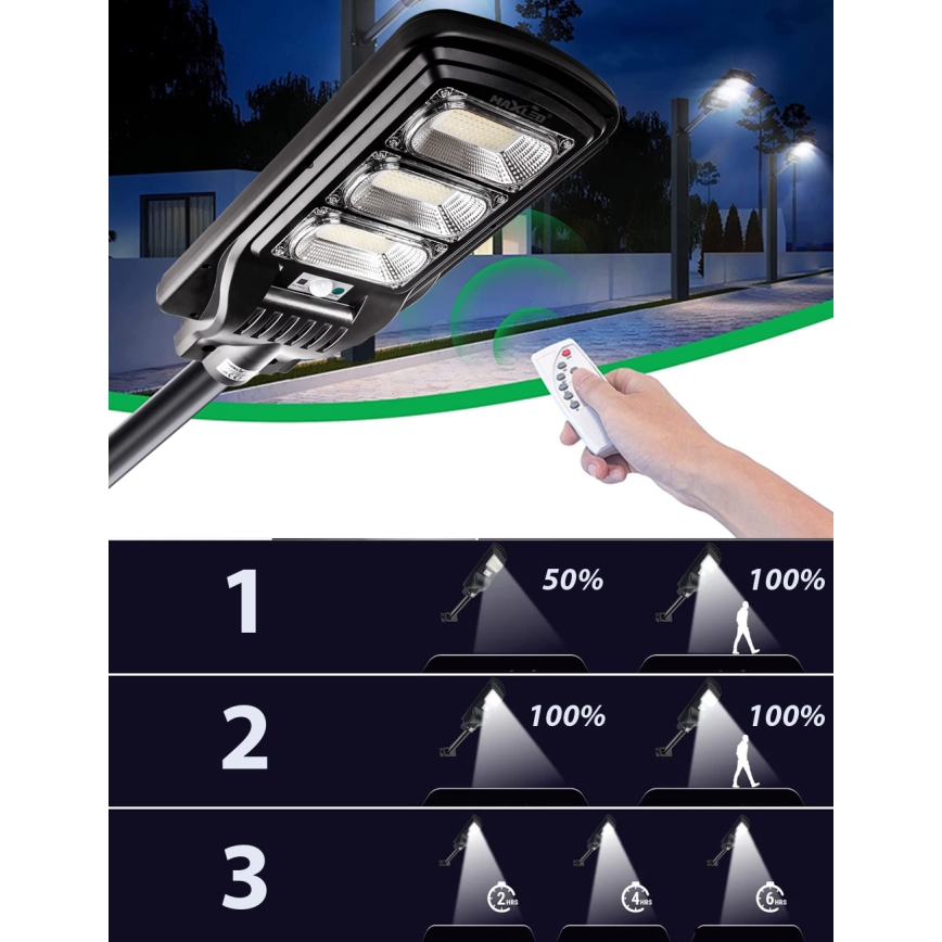 LED Zatemnitvena solarna ulica svetilka s senzorjem LED/180W/6V 6500K IP65 črna + Daljinski upravljalnik