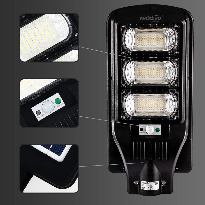 LED Zatemnitvena solarna ulica svetilka s senzorjem LED/180W/6V 6500K IP65 črna + Daljinski upravljalnik