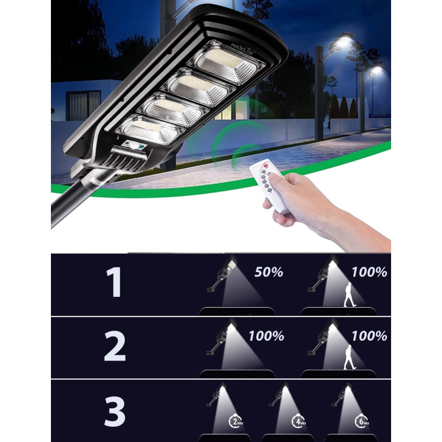 LED Zatemnitvena solarna ulica svetilka s senzorjem LED/240W/6V 6500K IP65 črna + Daljinski upravljalnik
