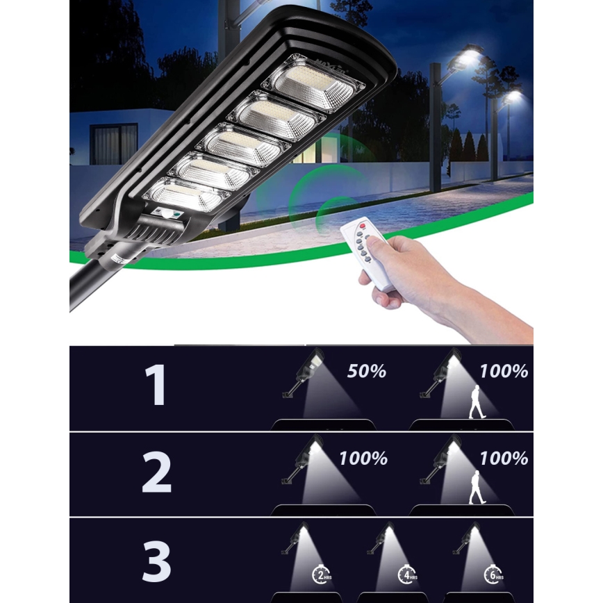 LED Zatemnitvena solarna ulica svetilka s senzorjem LED/300W/6V 6500K IP65 črna + Daljinski upravljalnik