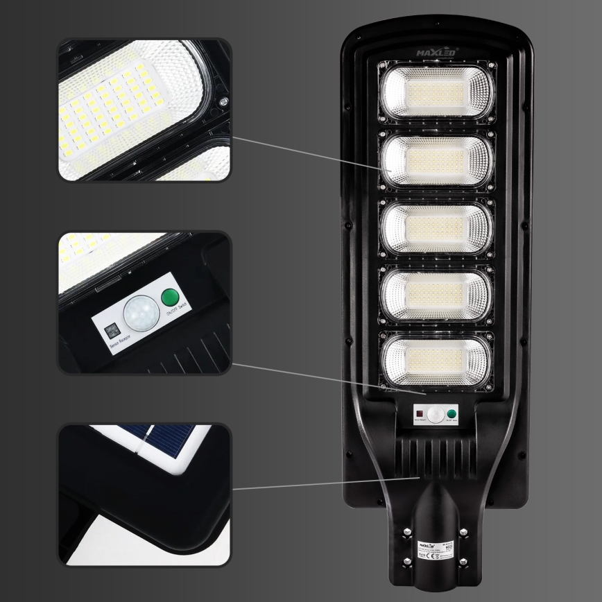 LED Zatemnitvena solarna ulica svetilka s senzorjem LED/300W/6V 6500K IP65 črna + Daljinski upravljalnik