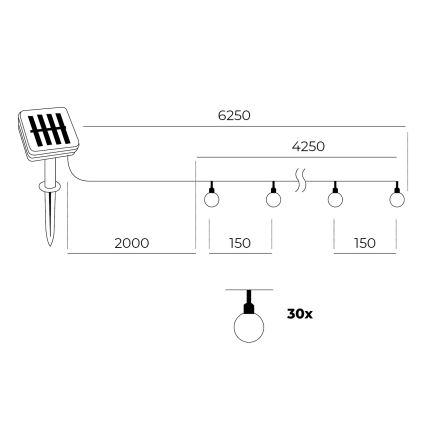 LED Solarna veriga 30xLED/0,12W/1,2V 1xAA 3000K IP44 400 mAh