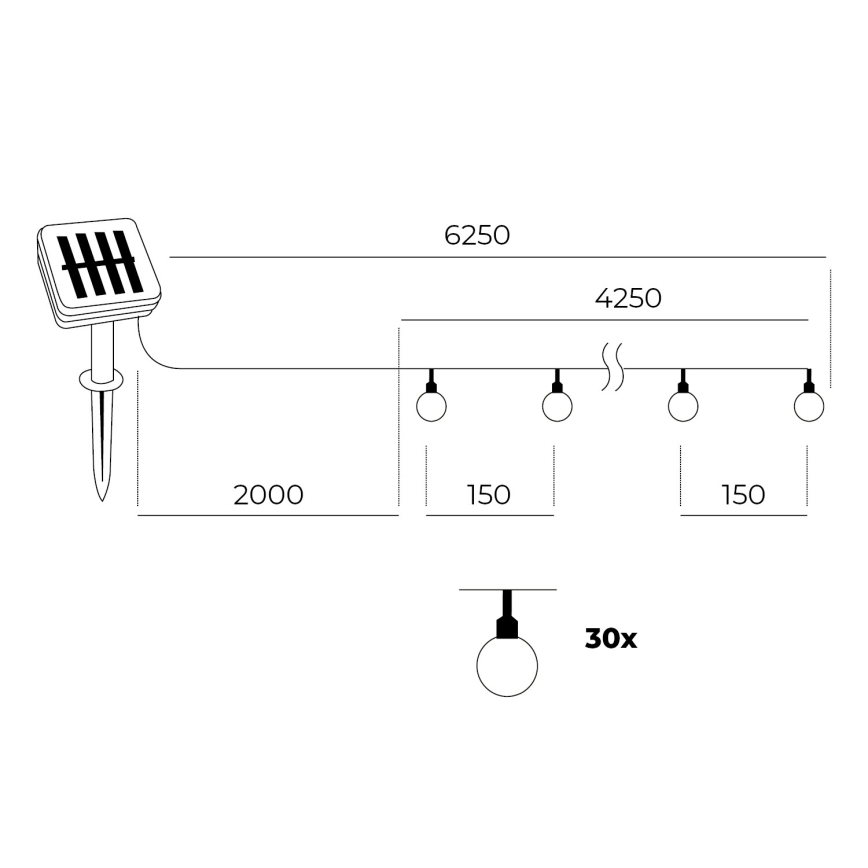 LED Solarna veriga 30xLED/0,12W/1,2V 1xAA 3000K IP44 400 mAh