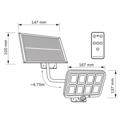 LED Solarni reflektor s senzorjem INTEGRA LED/3W/3,7V IP44 + Daljinski upravljalnik