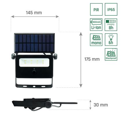 LED Solarni reflektor s senzorjem NOCTIS LED/2W/1800 mAh 3,7V 6000K IP65