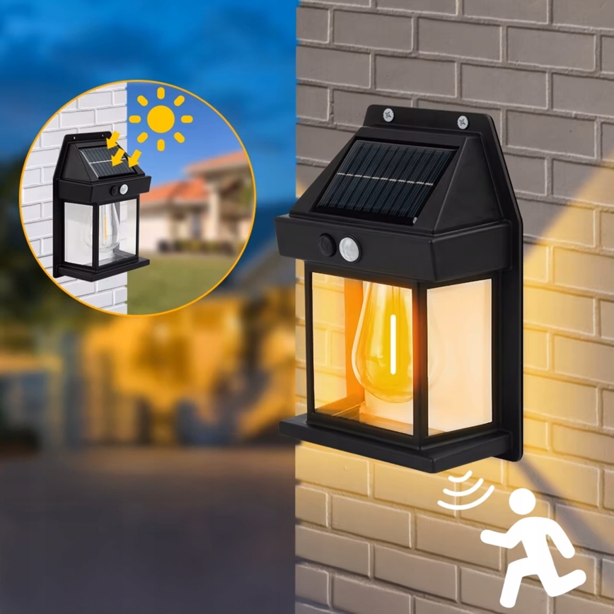 LED sončna stenska svetilka s senzorjem LED/3,7 V 600 mAh IP44 črna