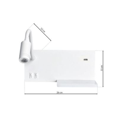 LED Stenska svetilka SHELF 1xLED/4W+1xLED/5W+1xLED/2W/230V bel + USB