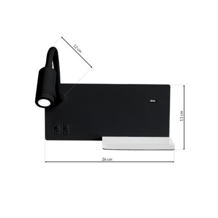 LED Stenska svetilka SHELF 1xLED/4W+1xLED/5W+1xLED/2W/230V črna