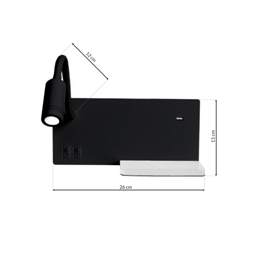 LED Stenska svetilka SHELF 1xLED/4W+1xLED/5W+1xLED/2W/230V črna