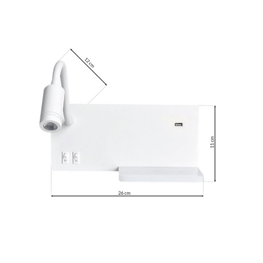 LED stenska svetilka SHELF LED/4W+LED/5W+LED/2W/230V + USB-priključek bela