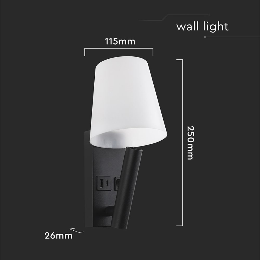 LED stenska svetilka z USB priključkom LED/2W/230V 3000K črna/bela
