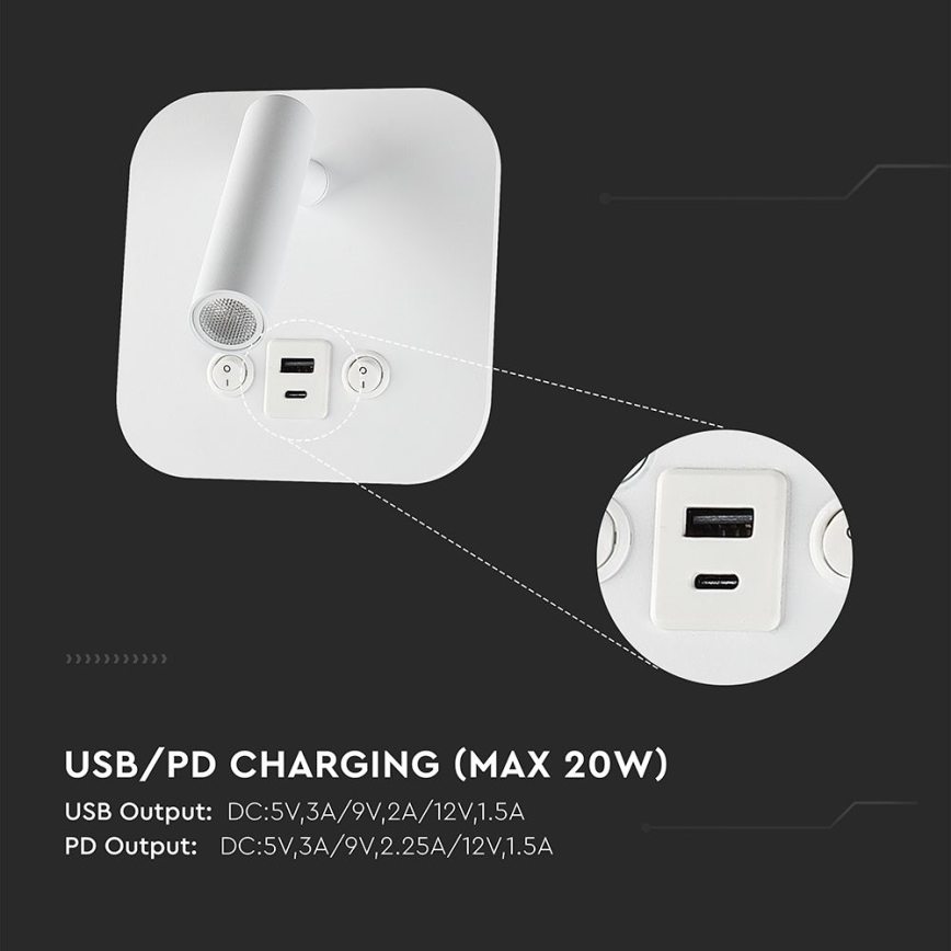 LED stenska točkovna svetilka z USB priključkom LED/8W/230V 3000K bela