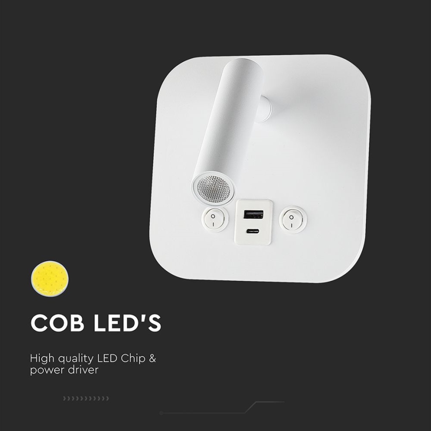 LED stenska točkovna svetilka z USB priključkom LED/8W/230V 3000K bela