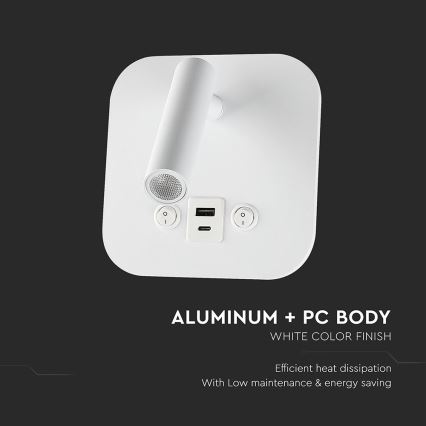 LED stenska točkovna svetilka z USB priključkom LED/8W/230V 3000K bela
