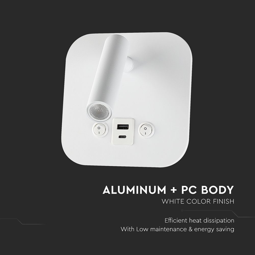 LED stenska točkovna svetilka z USB priključkom LED/8W/230V 3000K bela