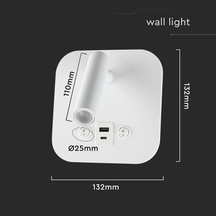 LED stenska točkovna svetilka z USB priključkom LED/8W/230V 3000K bela