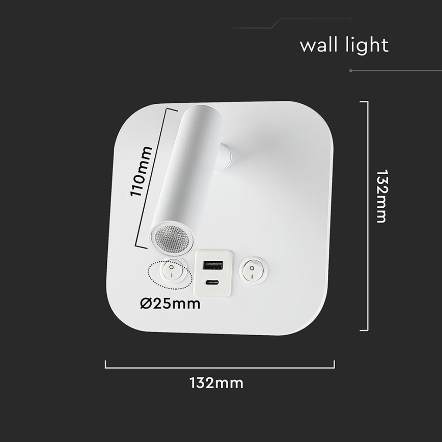 LED stenska točkovna svetilka z USB priključkom LED/8W/230V 3000K bela