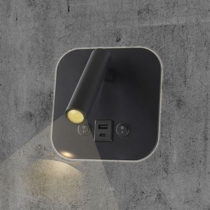 LED stenska točkovna svetilka z USB priključkom LED/8W/230V 3000K črna
