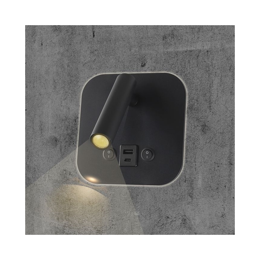 LED stenska točkovna svetilka z USB priključkom LED/8W/230V 3000K črna