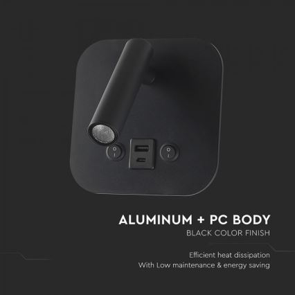 LED stenska točkovna svetilka z USB priključkom LED/8W/230V 3000K črna