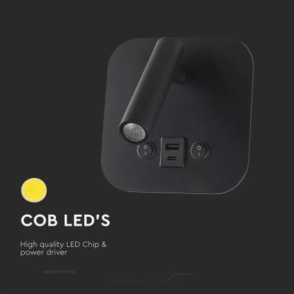 LED stenska točkovna svetilka z USB priključkom LED/8W/230V 3000K črna