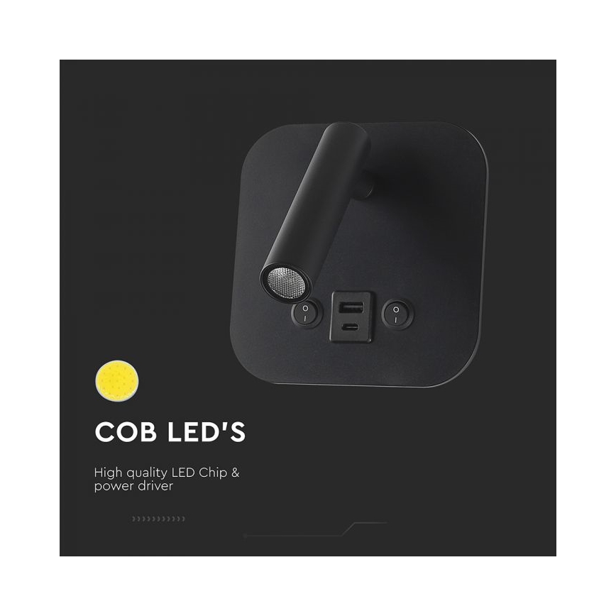 LED stenska točkovna svetilka z USB priključkom LED/8W/230V 3000K črna