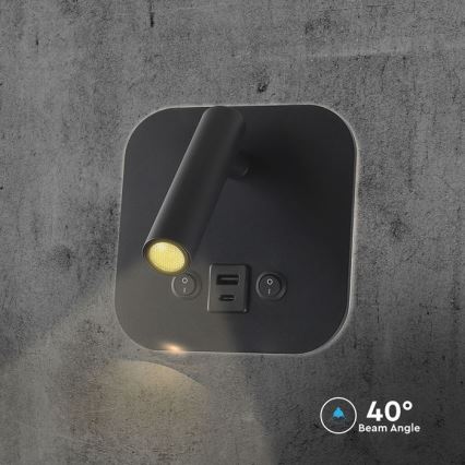 LED stenska točkovna svetilka z USB priključkom LED/8W/230V 3000K črna