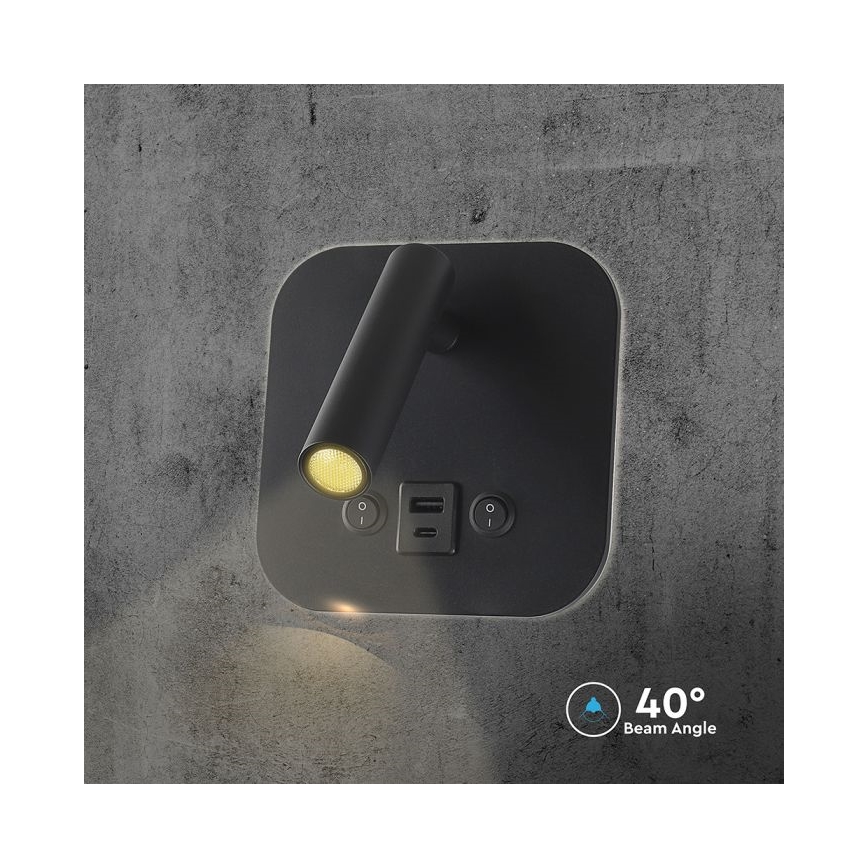 LED stenska točkovna svetilka z USB priključkom LED/8W/230V 3000K črna