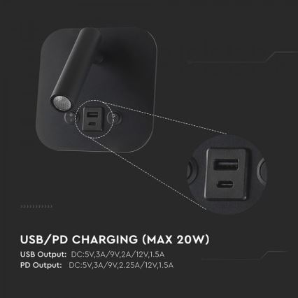 LED stenska točkovna svetilka z USB priključkom LED/8W/230V 3000K črna