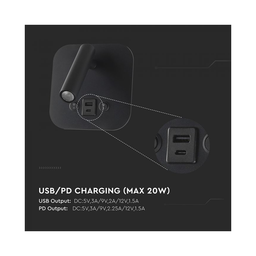 LED stenska točkovna svetilka z USB priključkom LED/8W/230V 3000K črna