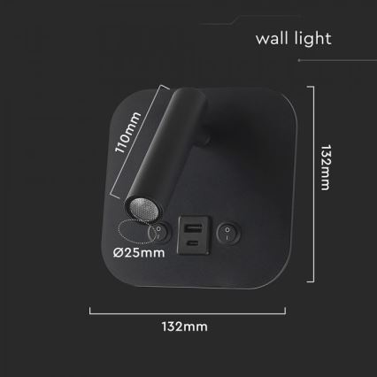 LED stenska točkovna svetilka z USB priključkom LED/8W/230V 3000K črna