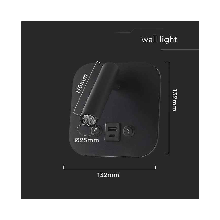 LED stenska točkovna svetilka z USB priključkom LED/8W/230V 3000K črna