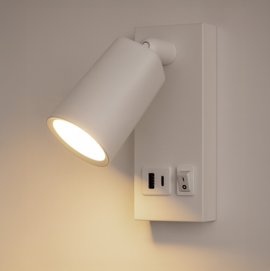 LED Stenski reflektor z USB-jem CHARGE LED/5W/230V bela