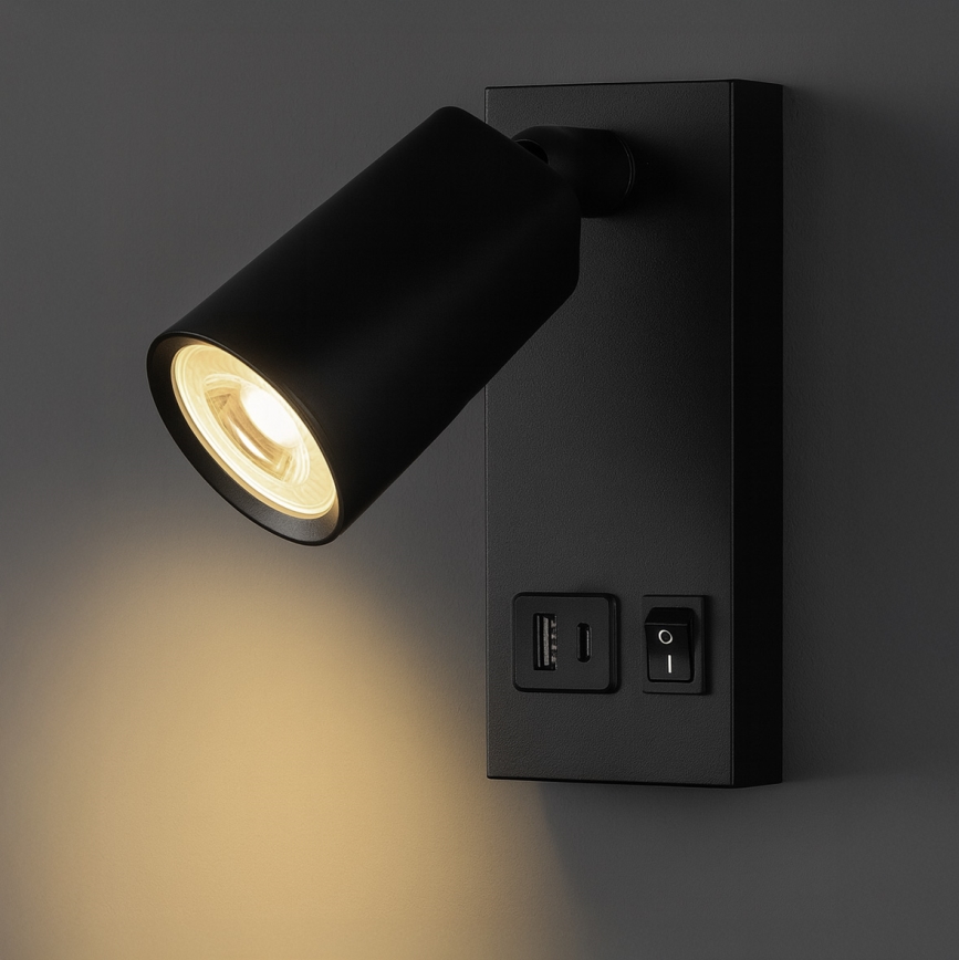 LED Stenski reflektor z USB-jem CHARGE LED/5W/230V črna