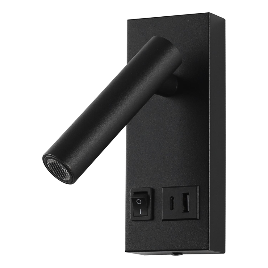 LED Stenski reflektor z USB LED/2W/230V črna