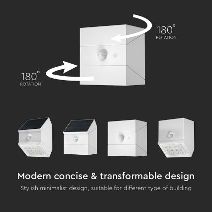 LED stensko solarno svetilo s senzorjem LED/2,5W/3,7V 3000/4000/6000K IP65 1200 mAh bela