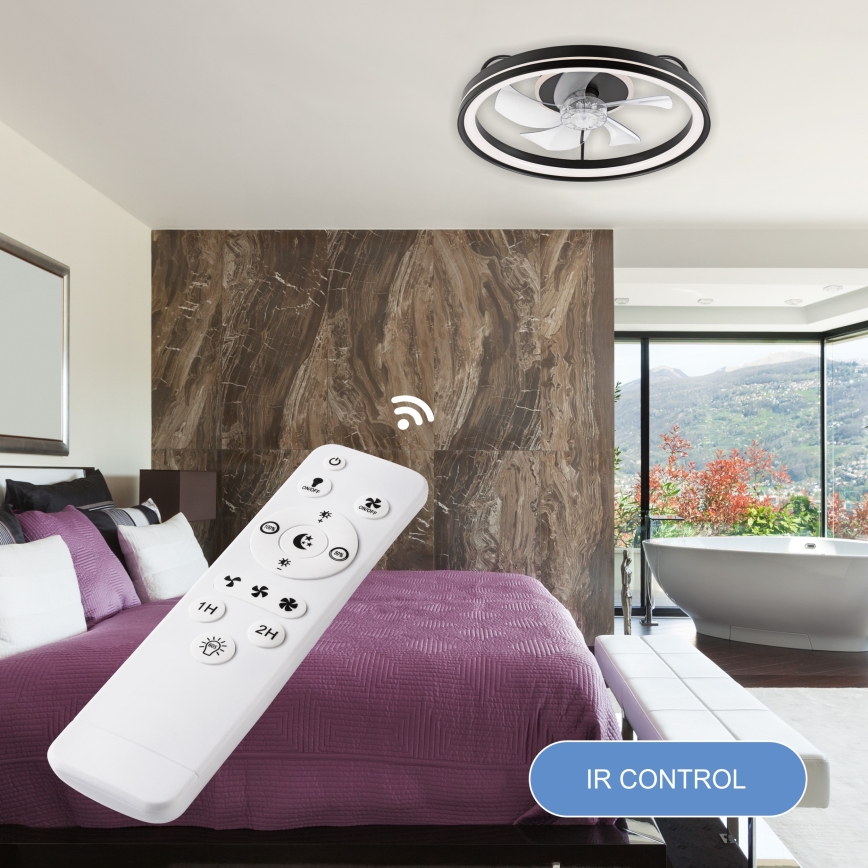 LED Zatemnitvena stropna svetilka z ventilatorjem FARGO LED/37W/230V črna + Daljinski upravljalnik