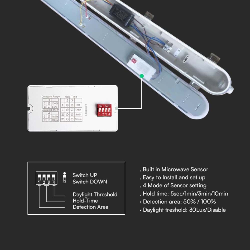 LED tehnično cevno svetilo z senzorjem gibanja in mraka LED/36W/230V 4000K IP65 120 cm