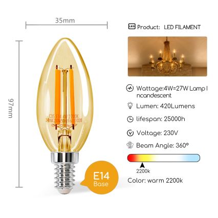 LED žarnica C35 E14/4W/230V 2200K - Aigostar