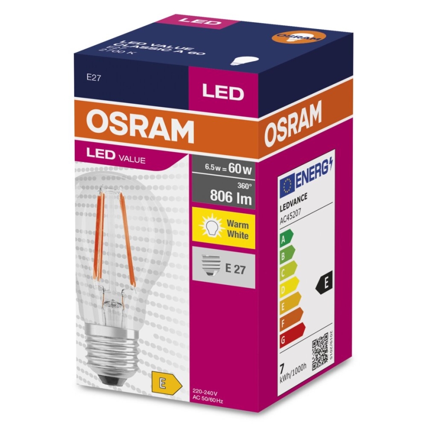 LED Žarnica FILAMENT A60 E27/6,5W/230V 2700K - Osram