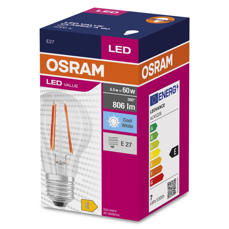 LED Žarnica FILAMENT A60 E27/6,5W/230V 4000K - Osram